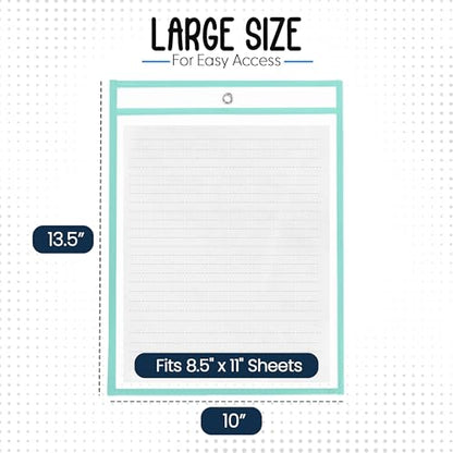 Essex Wares - 6 Pack, Seafoam, Durable Water-Resistant Dry Erase Pocket Document Protectors, 10" Wide x 13.5" Tall - Dry Erase Clear Plastic Sleeves - Reusable & Easy Erase Plastic Invoice Holders - color: Seafoam