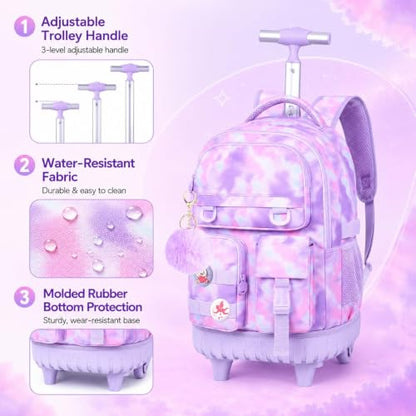 CCJPX Rolling Backpack for Girls, 3Pcs Roller Wheeled School Bookbag, Tie-dye Wheels Backpacks with Lunch Box for Kids (Pink) - color: Cloud Purple