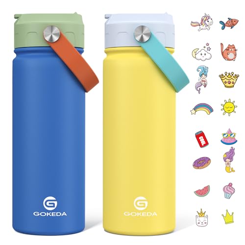 GoKEDA 18oz Kids Water Bottle, 2 Pack Stainless Steel Straw Cup - color: Blue Yellow+Green Blue