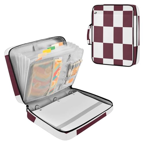 Zippered Portfolio Binder with 3-Ring & 7-Pocket Expanding File, Maroon White Check Pattern High Capacity Lesson Plan Organizer, Water-Repellent Document Case