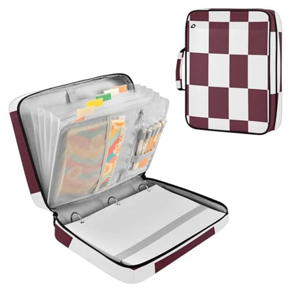 Zippered Portfolio Binder with 3-Ring & 7-Pocket Expanding File, Maroon White Check Pattern High Capacity Lesson Plan Organizer, Water-Repellent Document Case
