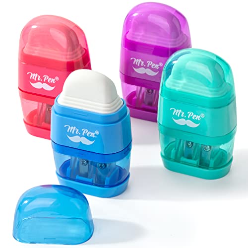 Mr. Pen- Pencil Sharpener & Eraser, 4 Pack | 2-in-1 Manual Sharpeners with Canister, 2 Sharpening Holes for Standard & Jumbo Pencils, Colorful Dual Hole Design for School - color: Red, Purple, Blue, Green, size: 4 Pack