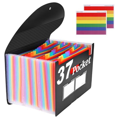 37-Pocket Expanding File Folder with Labels, A4/Letter Size Accordion Document Organizer, Portable Black Folder for Office, Travel, Business, School & Home