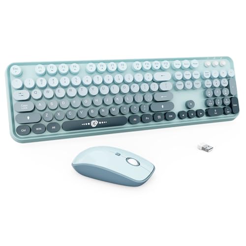 Wireless Keyboard and Mouse Combo Cute Colorful Keyboard and Mouse, Retro Typewriter Keyboard with 2.4GHz Plug & Play, for Windows 11/10/7, Laptop, PC (Blue) - color: Blue