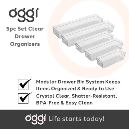 Oggi Set of 5 Clear Drawer Organizers - (1) 3x6.25, (2) 3x9.5, (2) 3x12.5 - Ideal for Organizing Kitchen Drawers, Office, Desk, Silverware, Kitchen Utensils, Cosmetics and Bathrooms - size: Set of 5