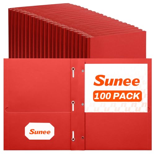 SUNEE 2 Pocket Folders with Prongs (100 Pack, Red), Paper Folders with 2 Pockets and 3 Prongs Fit Letter Size Paper, Folders with Prongs for School Office Home Business - color: Red