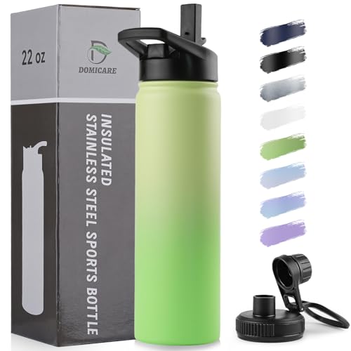 DOMICARE Insulated Water Bottle, 22 oz Vacuum Insulated Stainless Steel Reusable Sports Bottle with Straw Lid & Spout Lid for Travel, Camping, Bike, Leakproof, Green Gradient, 1 Pack - color: Green Gradient, size: 22 Ounces