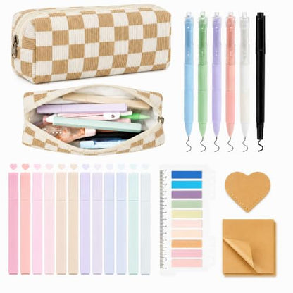 22Pcs Book Annotation Kit Aesthetic Pencil Case with Supplies School Annotation Supplies Gel Pen Transparent Sticky Note Taking Bible Study College Stationery Supplie (Beige Checkered) - color: Beige Checkered