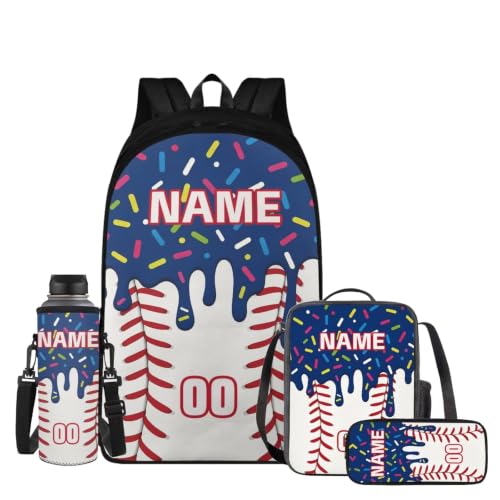 Personalized Baseball Drip School Backpack Kids Bookbag for Boys Girls,Custom Text Name Number 4 Piece Navy Ice Cream Baseball Backpacks with Lunch Box, Pencil Case & Water Bottle Sleeve - color: X-custom