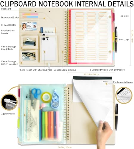 Beige Foldable Spiral Clipboard Folio with Storage Zipper Pouch, 5 Plastic Folders with Pockets,Refillable Lined Notepad (8.5" x 11"), Hardcover Project Organizer with 39 Stickers - color: Beige