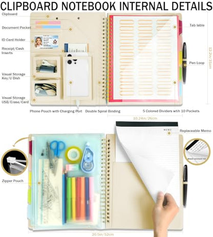 Beige Foldable Spiral Clipboard Folio with Storage Zipper Pouch, 5 Plastic Folders with Pockets,Refillable Lined Notepad (8.5" x 11"), Hardcover Project Organizer with 39 Stickers - color: Beige
