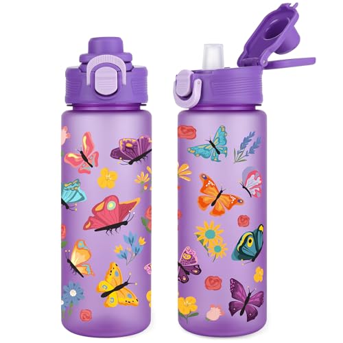 Butterfly Kids Water Bottle for School 22oz with Straw Pop-Up Spout Cover and Carry Handle, Leak Proof Water Cup for Girls, Plastic Waterbottle for Sport Travel - color: Butterfly Darker Purple, size: 20.3 Ounces