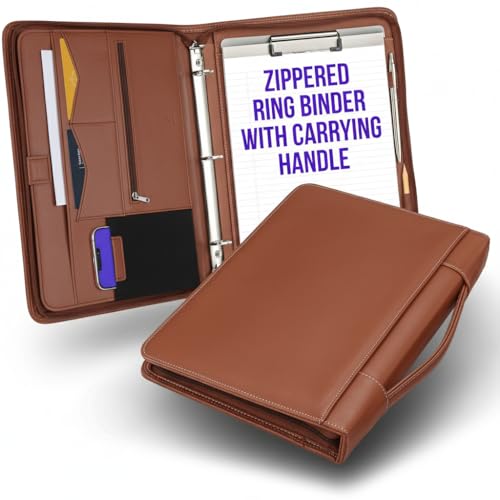STYLIO Zipper Portfolio Binder with Carrying Handle | Removable 3-Ring Binder (1") w/Clipboard Padfolio | Organizer for Documents, iPad, Tablet, Phone, Notebook| Business Leather Folder for Men Women - color: Tan, style: Zipper Binder (3-Ring) w/ Carrying