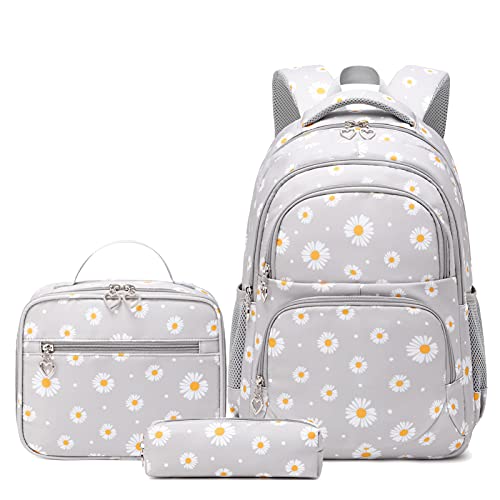 Glodwheat Daisy Printed Backpack For Girls- 3Pc Set With Lunch Box & Pencil Case, Lightweight Water-Resistant Bookbag For Elementary School - color: Grey