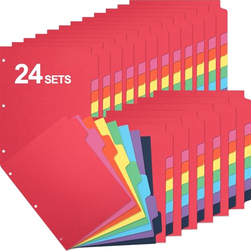 Thenshop 24 Sets/192 Pack Binder Dividers, Letter Size 9 X11.5 Inch 5 Tab Dividers for 3 Ring Binder Writable Index with Big Tab for School Office Home Organization(Mix Color)(Bright Color)