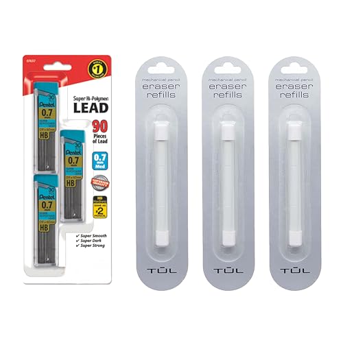 Mechanical Pencils Refill Set, Includes (3 Pack 9 Erasers), & Super Hi-Polymer 0.7 mm Lead Refills, 3 Pack Tubes, 90 Pieces Of Lead, (Refill Set) - style: Refill Set