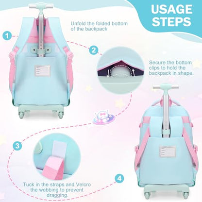 FIXITOK Rolling Backpack for Girls, Kawaii Bunny Roller Wheels School Backpacks with Lunch Bag Pencil case, Wheeled Suitcase Bookbag for Elementary Travel Aquamarine - color: Aquamarine