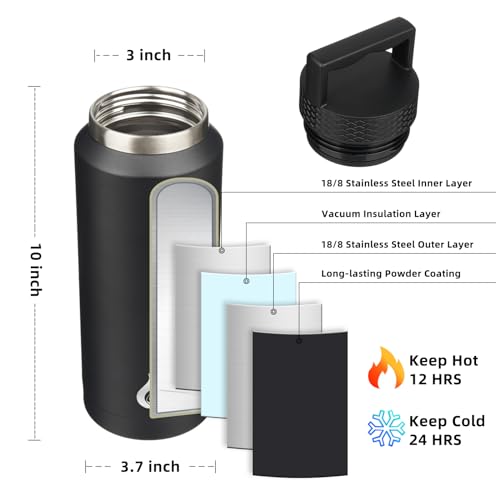 BJPKPK Insulated Water Bottles, Dishwasher Safe 36 oz Water Bottle with Handle, Leakproof BPA Free Thermal Flasks, Stainless Steel Jug for Sports, Black - color: Black, style: 36oz