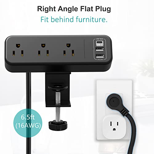 Desk Clamp Power Strip with USB C, 3 Outlet Desktop Mount Power Station Removable Clamp Socket with 6.5 ft Extension Cord, Fit 1.7 inch Tabletop Edge