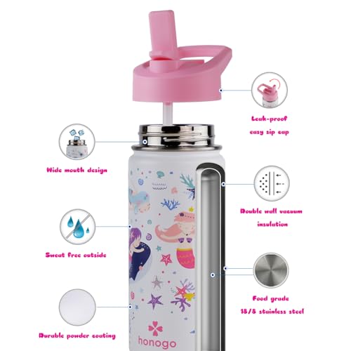 16 oz Stainless Steel Insulated Kids Water Bottle, Leak Proof Metal Thermal Flask with Straw lid, Cute Toddler Tumbler Cup for School Girls & Boys (White, Mermaid) - color: White, Mermaid