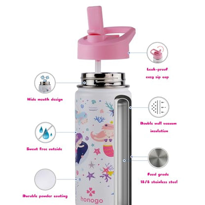 16 oz Stainless Steel Insulated Kids Water Bottle, Leak Proof Metal Thermal Flask with Straw lid, Cute Toddler Tumbler Cup for School Girls & Boys (White, Mermaid) - color: White, Mermaid