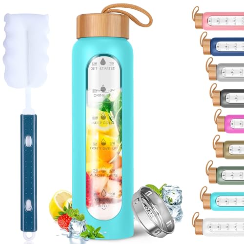 Aqulea Glass Water Bottles 32 Oz with Silicone Sleeve - BPA Free Reusable Wide Mouth Glass Motivational Water Bottles with Fruit Infuser – Leak Proof Borosilicate Water Bottle with Time Marker (Teal) - color: Teal, size: 32 Ounces