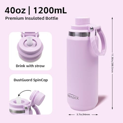 GREYLOCK 40 oz Insulated Water Bottle with Straw Lid, Leakproof Reusable Stainless Steel Vacuum Flask, 24hr Cold & Hot, Carry Handle & Silicone Spout, BPA-Free for Gym, Hiking, Travel,Purple - color: Lilac, size: 40 Ounces
