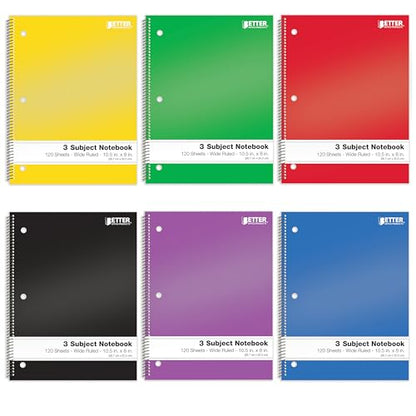 Better Office Products Spiral Notebooks 3-Subject, Wide Rule, 120 Sheet Notebook with Sturdy Pocket Dividers, 10.5 x 8 inches, 6 Assorted Primary Colors, 6 Pack
