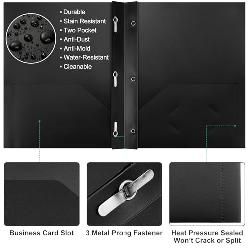 Cholemy 72 Packs Pocket Folders with Prongs Heavy Duty Plastic Folder with Business Card Slot 3 Prong Fasteners for School Office (Black,Green) - color: Black, Green