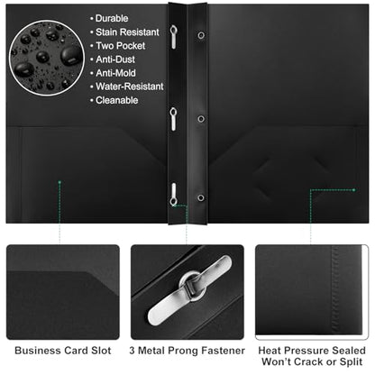Cholemy 72 Packs Pocket Folders with Prongs Heavy Duty Plastic Folder with Business Card Slot 3 Prong Fasteners for School Office (Black,Green) - color: Black, Green