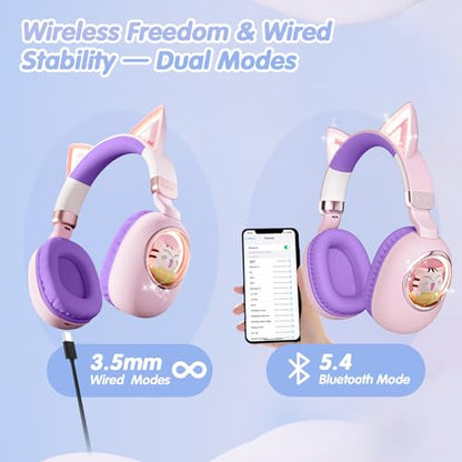 Kids Headphones Bluetooth 5.4 - Cat Ear LED Light Up Noise Cancelling Wireless Headphones with Mic, 85dB Volume Limited, Wired & Wireless Mode for Travel/School/iPad - color: Pink Purple