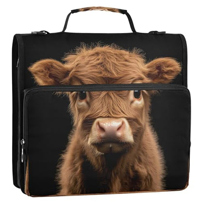 3 Ring Zipper Binder Cure Highland Cow Binder Organizer Portfolio with File and Shoulder Strap & Handle Large Capacity File Folder - color: Highland Cow
