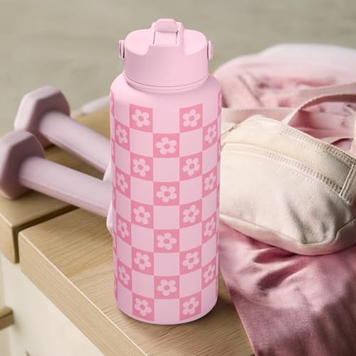 SANDJEST Checker Daisy Water Bottle 32oz Stainless Steel with Lid & Straw, Checkerboard Insulated Bottles Gifts for Women Girls Friends, Gift Idea for Birthday Christmas - color: Checker Daisy