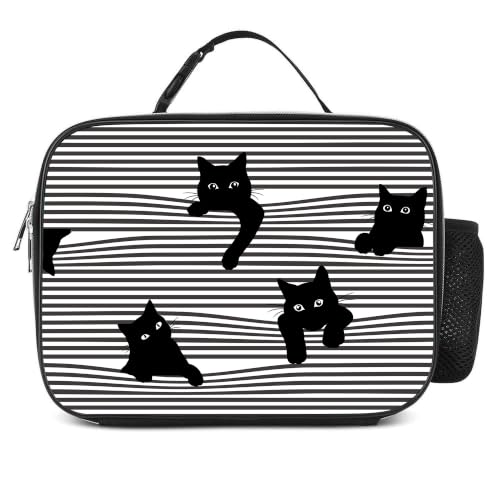 Cute Cat Striped Black White Lunch Box Insulated Reusable Lunch Bag Tote Cooler for Women Men Boy Girl School Work Office Picnic - color: Cat Black And White Striped
