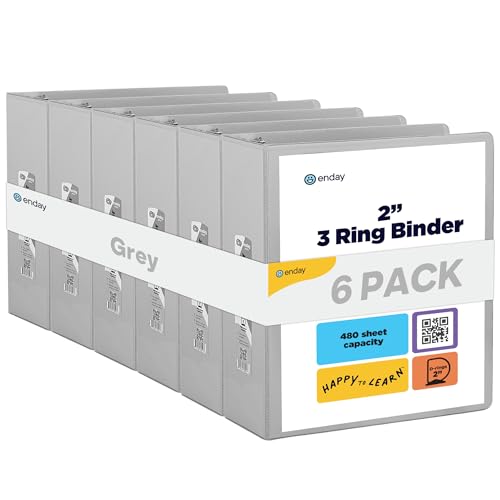 Enday 2 inch 3 Ring Binder (6 Pack - Grey) Binder 2 inch with Clear View Cover and 2 Inside Pocket - for Letter Size 8.5 x 11'' Paper, Ideal for School Supplies, Office, and Home - color: Grey, size: 2-Inch