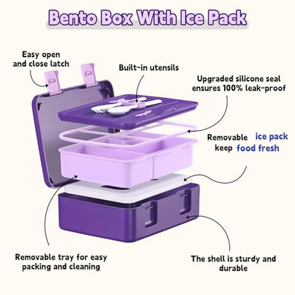 rockpapa Chill Bento Box for Kids- Large 5.5 Cups Lunch Box with Ice Pack - 5 Compartments, BPA-Free, Leak Proof, with Utensils & Portable Handle, Microwave/Dishwasher Safe (Purple Mermaid) - color: Purple Mermaid