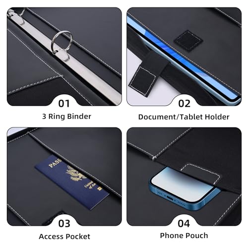 Antner Zipper Portfolio Binder Padfolio 3 Ring Binder 1 Inch Professional Faux Leather Document Organizer Folio for Tablet, Phone, and 8.5x11 Documents, Resumes, Presentation Folders for Men & Women