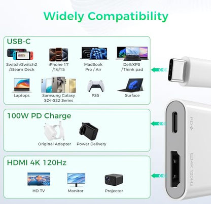 USB C to HDMI 4K@120Hz TV Adapter with 100W PD Fast Charging for iPhone 17 | Type-C Digital AV Display Hub, Travel-Friendly, Plug & Play, iPhone 17 16 15, iPad, Steam Deck, Switch 2, More USB-C Devices