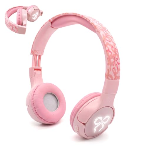 Kids Safe Wireless Light Up Headphones, Foldable Tangle-Free 3.5mm Jack, Volume Limiting 85/94dB, Over-Ear with Microphone for School/Toddlers/Teens/Boys/Girls/Ipad/Tablet/Kindle/Phones/Travel/Plane - color: Pink
