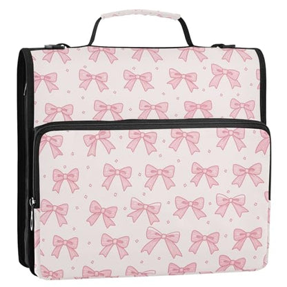 Pink Bow 3 Ring Binder Organizer, 500 Sheets Zipper Binder Portfolio with Shoulder Strap & Handle Multi-Pockets File Folder