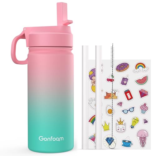 Gonfoam 16oz Kids Water Bottle, Stainless Steel Insulated Cup | DIY Stickers, BPA-free, Leak-proof, Sturdy, Keeps Cold 24h, Easy to Carry, Easy to Clean, Back to School, Gifts - color: Pink and Green