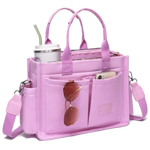 ZHMO Canvas Tote Bag for Women,Women's Bags Crossbody Bags Work Laptop Tote Bag Large Handbags Purse for Travel Nurse Teacher - color: New Upgrade Plus Pink With Compartments and Inner Cup Holders
