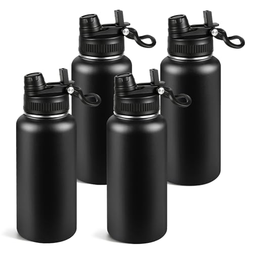 32oz Insulated Stainless Steel Water Bottle Bulk 2-in-1 Leak-Proof Sip & Straw Lid with Handle, Double Wall Vacuum Insulated Travel Mug for Sports, Commute, Office, Black, 4 Pack - color: Black, size: 32oz-4pack