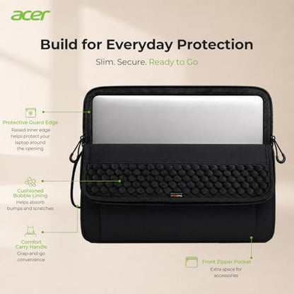 Acer Laptop Sleeve Case for 15.6-16 inch Laptops, Slim Protective Computer Sleeve with Hidden Zipper Pocket, Soft Plush Bubble Padding, Side Handle and Luggage Strap, Travel Laptop Bag, Black | Slim, Soft Bubble Padding, Extra Front Storage, Wrist Strap,