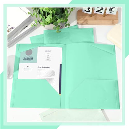 Henoyso 36 Pack Light Green Plastic Folders with Clear Front Pockets Heavy Duty File Folders with 2 Pockets and Card Slot for Student Communication School Office Presentation Report - color: Light Green