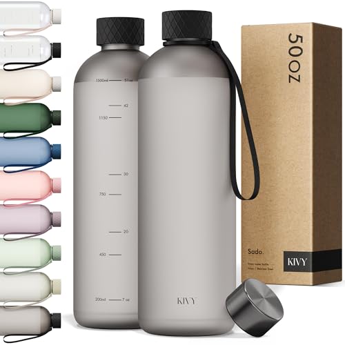 KIVY Large Water Bottle 50oz [Lightweight & Shatterproof] Fits Backpack & Cupholder for Travel, Sports, School - Black water bottle no straw - 1.5 Liter water bottles - 50oz Water bottle - color: 02 Ash Black, size: 50oz