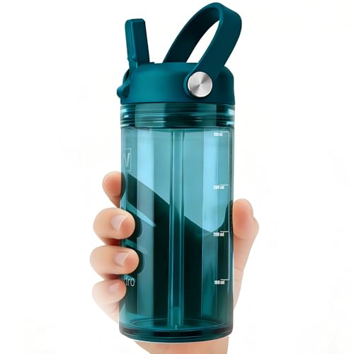 12 oz Clear Water Bottle with Straw & Handle, Leakproof Tritan Water Bottle, BPA Free Reusable Plastic Bottle with Volume Markings, Dishwasher Safe for School,Travel, Sports, Turquoise Green - color: Turquoise Green, size: 12 Ounces