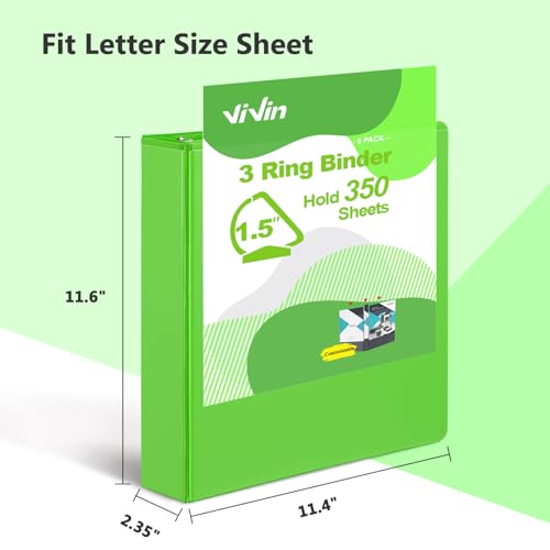 ViVin Sturdy 1.5 Inch 3 Ring Binder with Pockets, Slant-D Ring, PVC-Free, Customizable Clear View Binder,Holds 350 Sheets of 8.5" x 11" Paper, 6 Pack (Ivy Green) - color: Ivy Green, size: 1.5 Inch