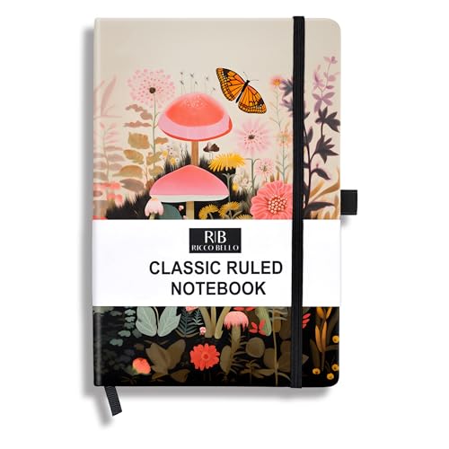 RICCO BELLO Lined Journal Notebook, Mushroom Garden, Hardcover | College Ruled, 96 Sheets / 192 Pages, 5.7 x 8.4 Inches, Pen Holder, For Work & Notes - color: Mushroom Garden
