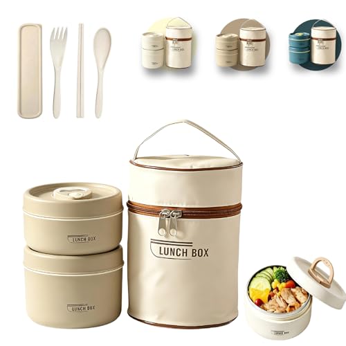 2 Tier Portable Insulated Lunch Container Set, Stackable Bento Box with Thermal Lunch Bag, Microwaveable Hot Food Container for Adults, Leakproof Thermal Food Container for Picnic, Work & Travel - color: Brown, size: 2 Tier